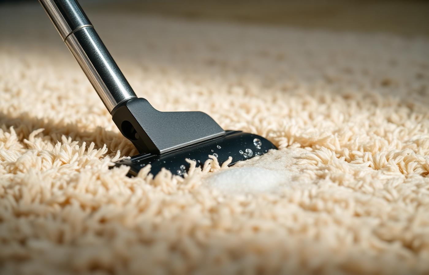 Close-up of a professional carpet wand cleaning a plush cream carpet