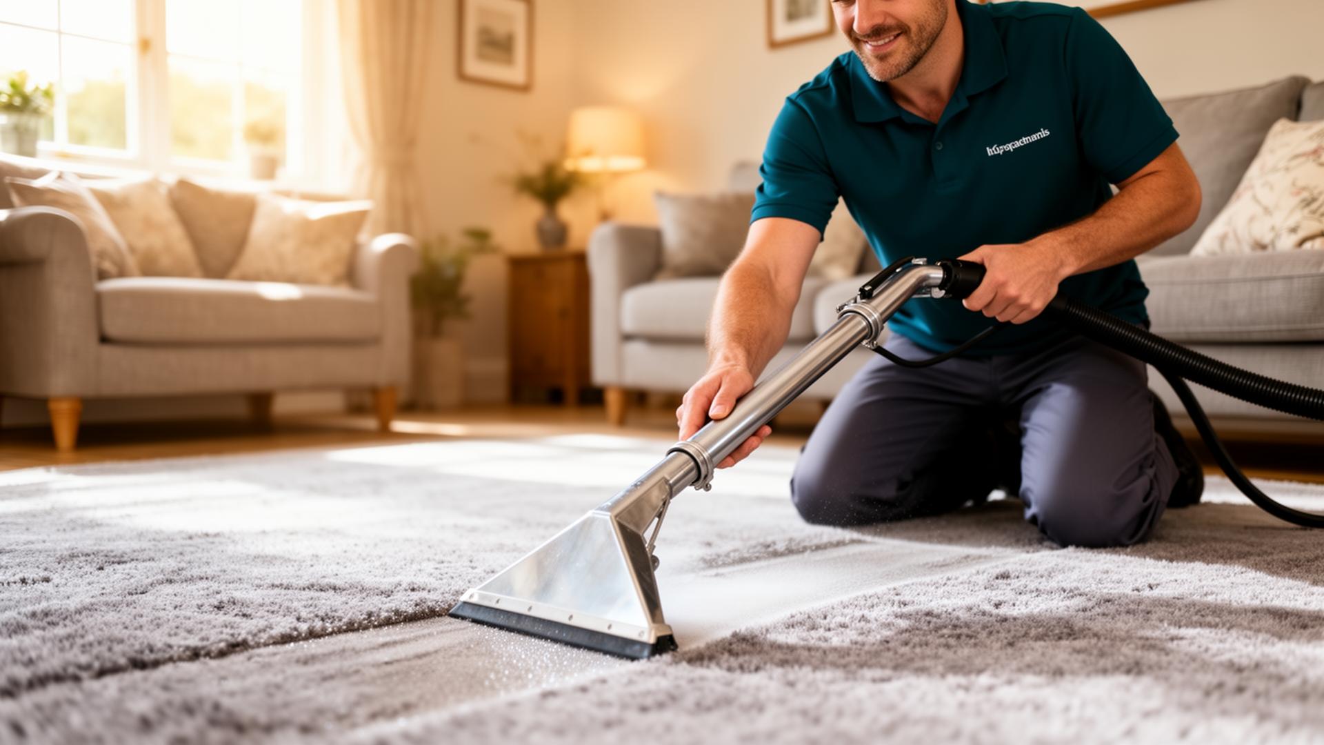 Forest Lea technician hot-water-extraction cleaning a living room carpet